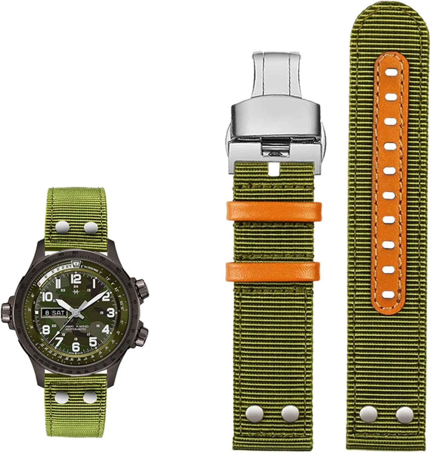 for Hamilton Khaki Aviation Watch H77616533 H70615733 Watch Strap Men WatchBand Beyond Wind Speed Series Nylon Canvas 20mm 22mm (Color : Green Silver fold, Size : 22mm)