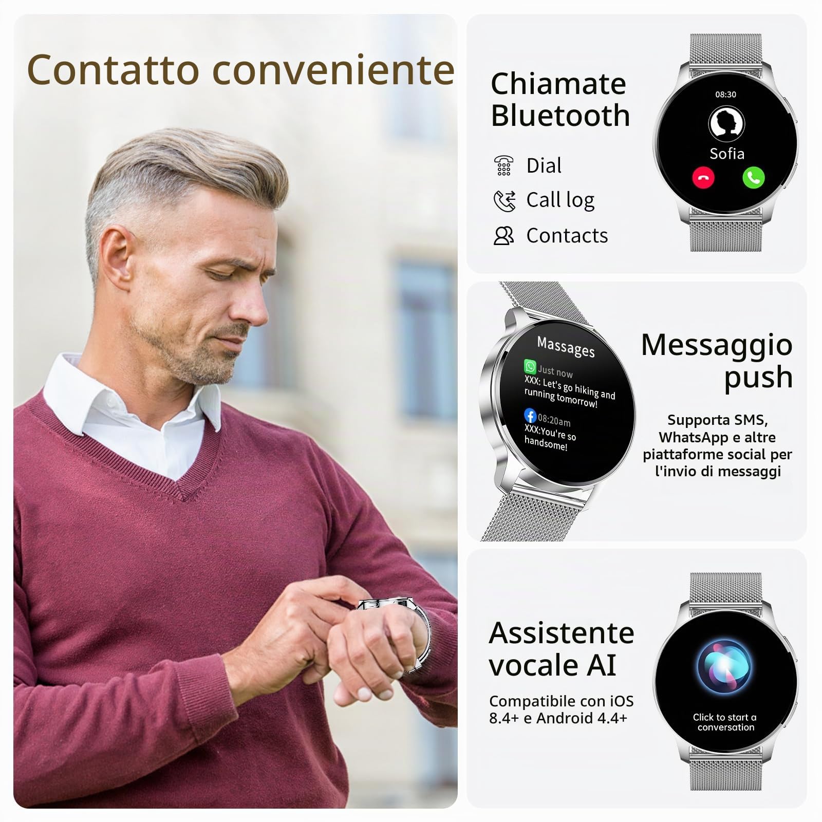 Smartwatch Donna Uomo Chiamata Bluetooth Contapassi Sonno Monitor | 1,34" HD Screen Smart Watch Rotondo Impermeabile Cardiofrequenzimetro Orologio Fitness Android IOS [3 Cinturino]