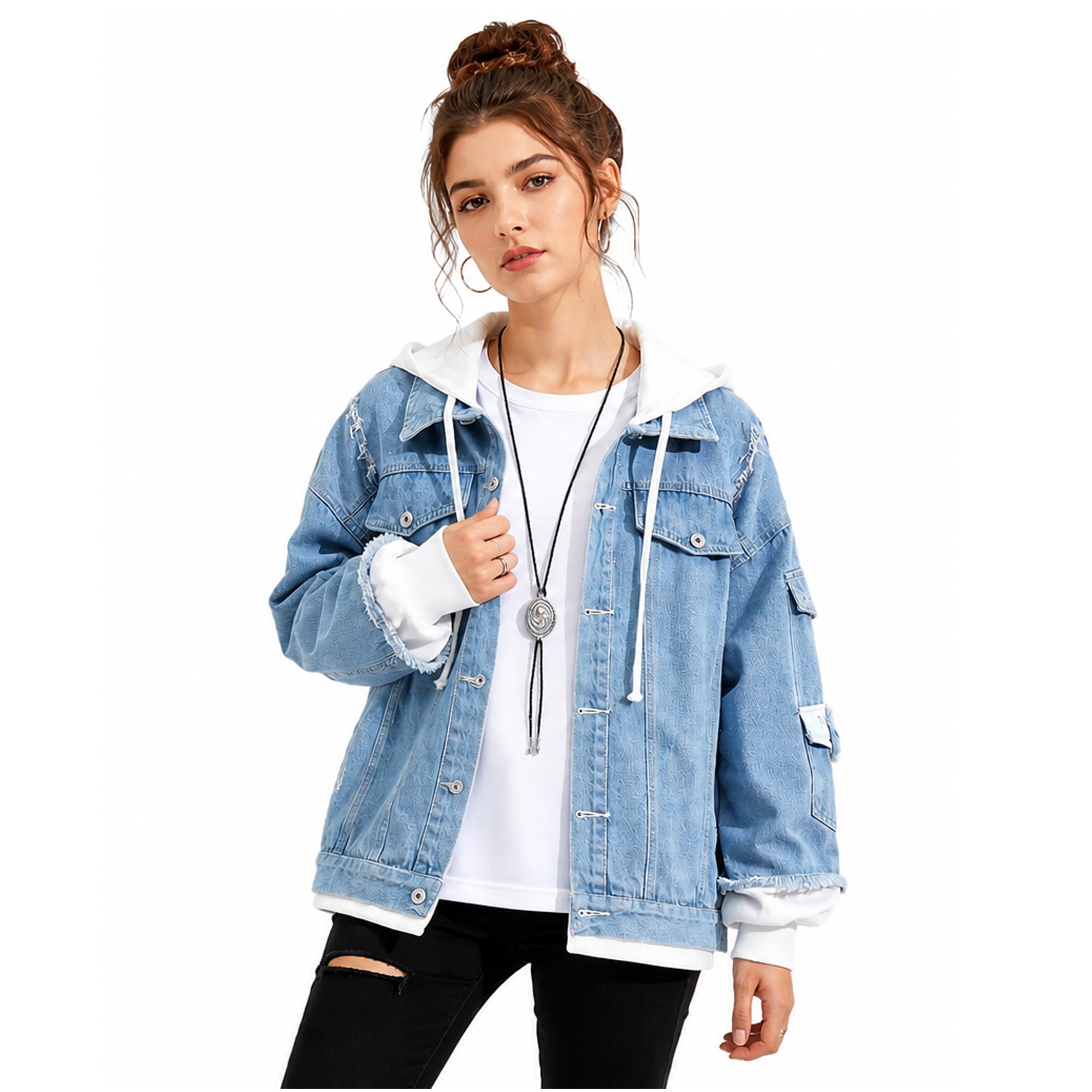 Damen Denim Kapuzenjacke Blaue Jeansjacke Y2K Mode Hoodie für Teenager