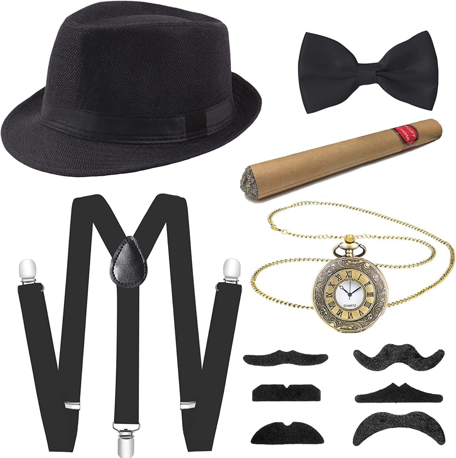 Meiruier1920s Men Fancy Dress Accessories,Mafia Gatsby Gangster Costume Set 1920s Gangster Set Gatsby Fancy Dress Accessories, Men Costume Kit for Prom Cosplay Event Gangster Party Halloween
