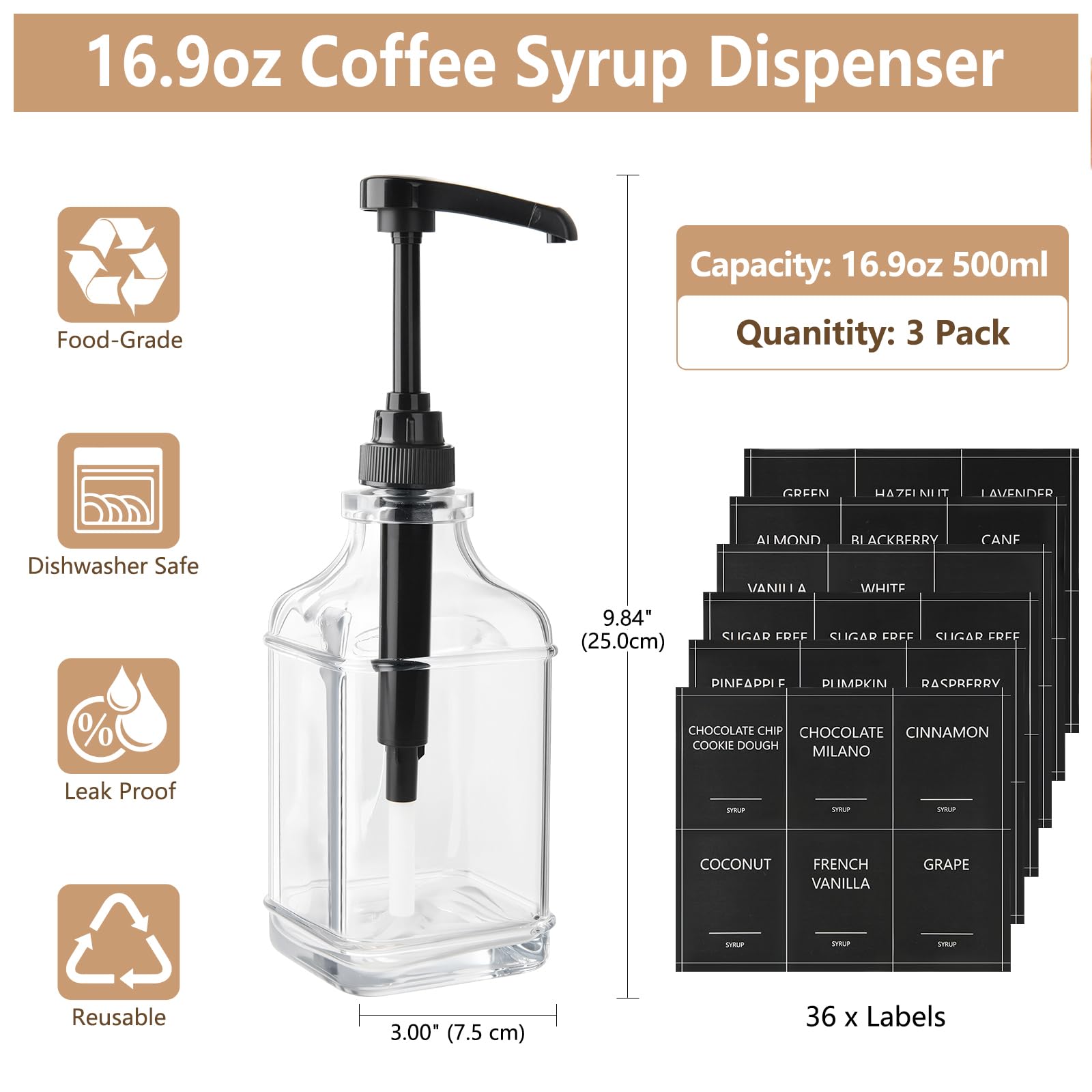 YBCPACK Kaffee Sirup Spender 3er Set 500ml, Auslaufsichere Pumpspender Sirup Glas mit Etiketten, Sirup Flaschen zum Befüllen für Kaffeebar und Küche