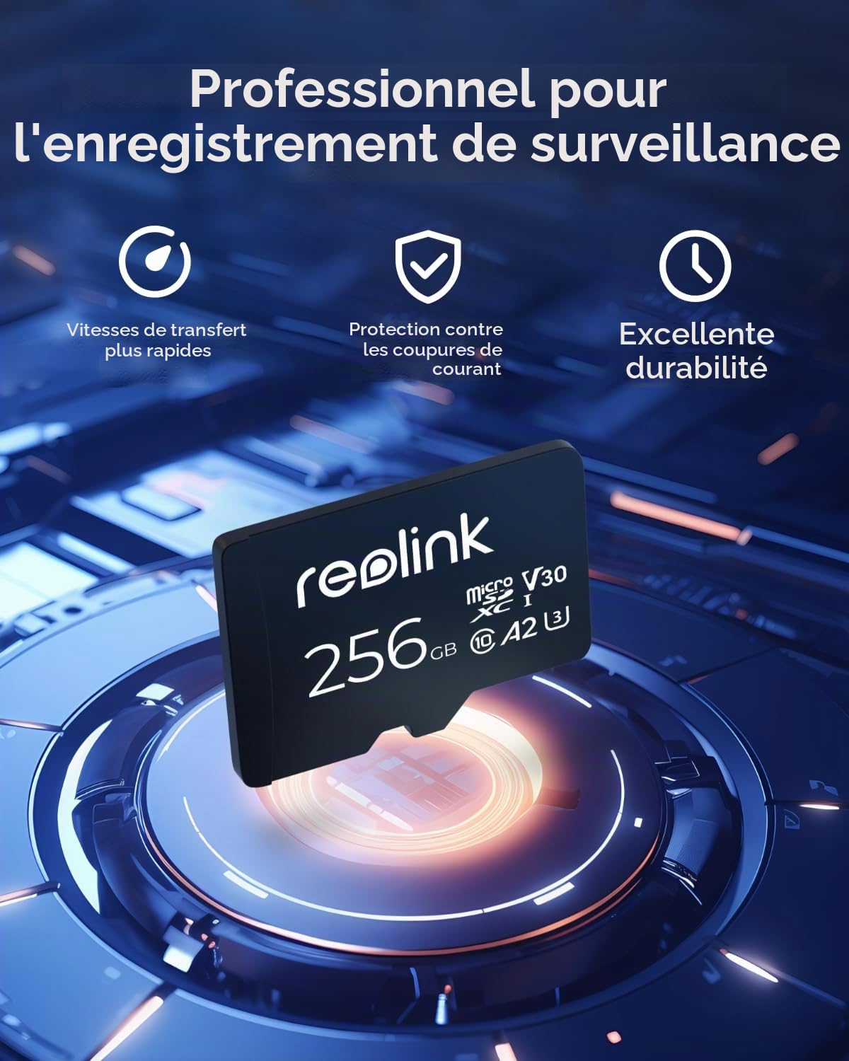 Reolink 256GB Carte microSD, Carte Mémoire microSDXC à Grande Vitesse A2 U3 de Classe 10, Compatible avec Caméra de Surveillance Reolink | Compatible avec Caméra de Surveillance Reolink