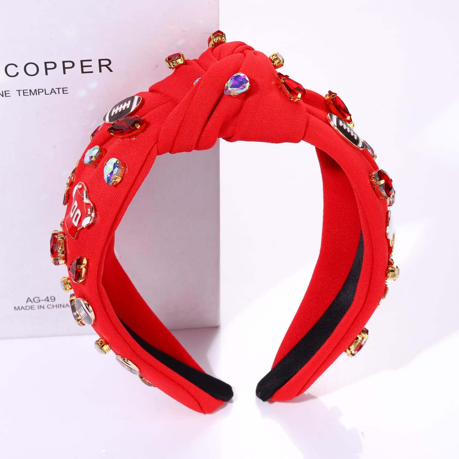 mokkia Football Headband for Women Football Mom Accessories Crystal Rhinestone Jeweled Wide Top Knot Headband Game Day Sports Hair Accessories Gift (Red) - Image 6