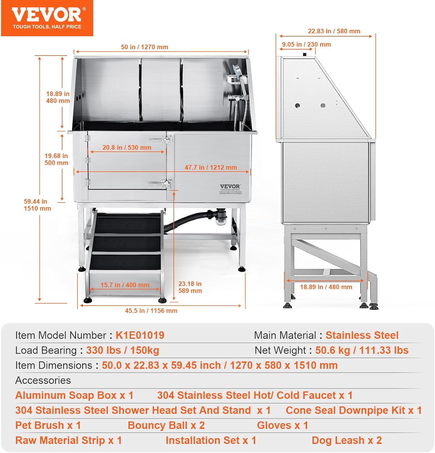 VEVOR 50" Pet Dog Bathing Station w/Ramp, Professional Stainless Steel Dog Grooming Tub w/Soap Box, Faucet,Rich Accessory, Dog Bathtub for Large,Medium,Small Pets, Washing Sink for Home Left