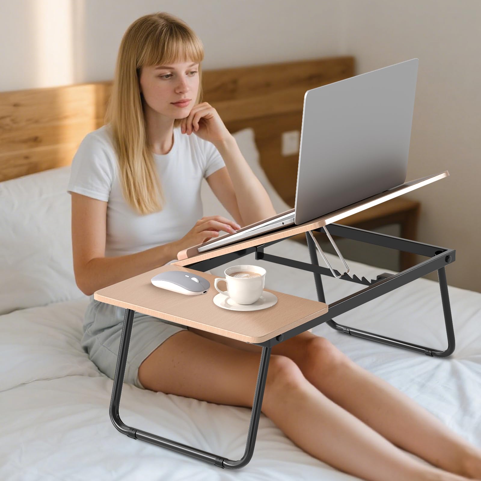 COSTWAY Table de Lit Pliable 55 x 32 cm, Plateau pour Ordinateur Portable avec 5 Angles d'Inclinaison Réglables, Cadre en Métal