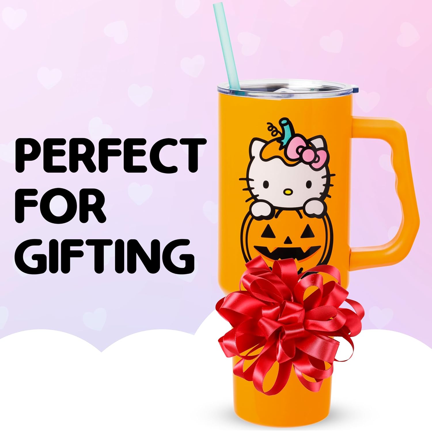 Silver Buffalo Sanrio Hello Kitty Halloween Jack-O-Lantern Double Walled Stainless Steel Tumbler with Handle and Straw, Fits in Standard Cup Holder, 40 Ounces
