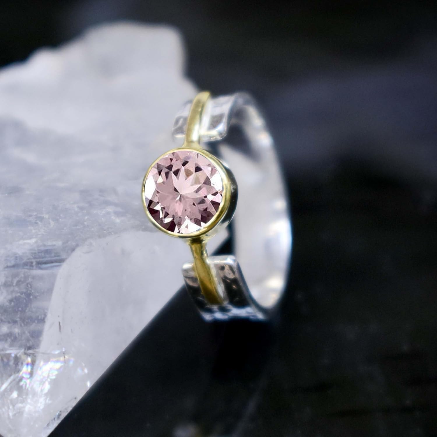 Stunning Blue Topaz Ring Solid 925 Sterling Silver Ring Textured Band Ring For Women Handmade Two Tone Gold Ring Best Gift For Round Shaped Birthstone Ring