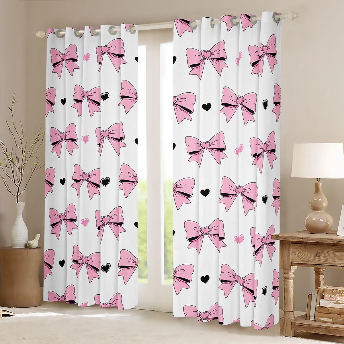 Homewish Czarno-różowa kokardka kawaii zasłony okienne księżniczki, 132 x 160 cm, 2 zestawy paneli - miłosne serca zasłony zaciemniające, kokarda, urocze zasłony okienne, marzycielskie do sypialni