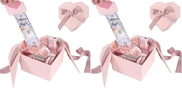 Money Box for Cash Gift Pull Pink - Money Gift Box for Cash Gift Ideas-Love Box with Money Pull Out KIT & Automatic ON/Off String Light - Birthday Money Pull Box Surprise Money Box. Pack of 2
