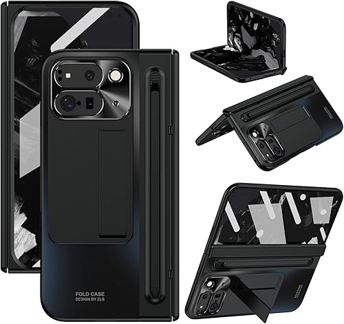 Miimall Funda plegable para Google Pixel 10 Pro con soporte para bolígrafo y bolígrafo, protector de pantalla de vidrio templado, soporte oculto,
