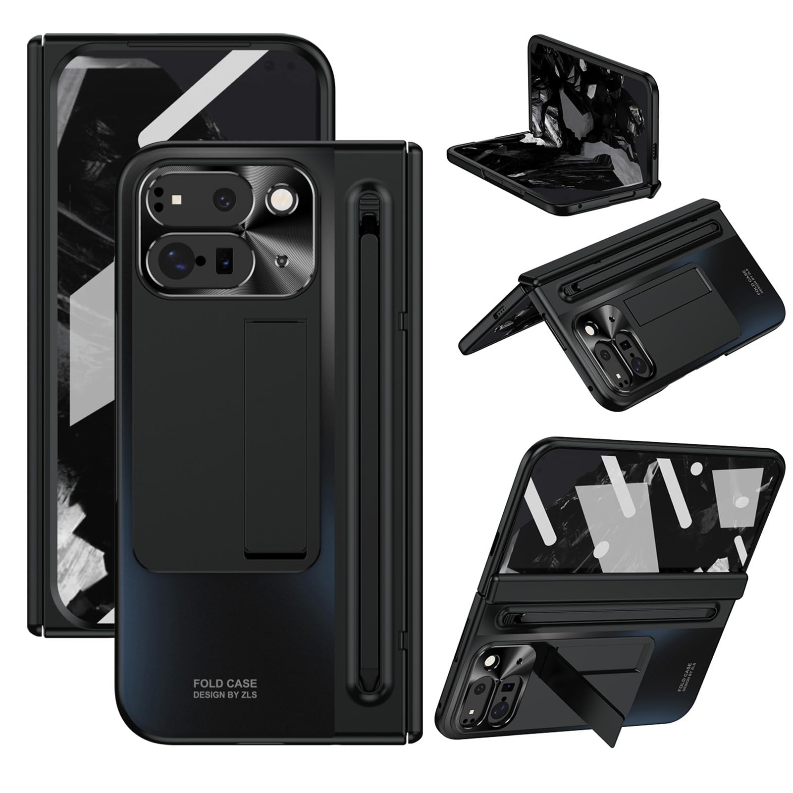 Miimall Slim for Google Pixel 9 Pro Fold Case with Pen & Pen Slot, One-Peace Stand Hinge Protection Anti-Fingerprint Screen Protector Case for Google Pixel 9 Pro Fold 5g Case, Black