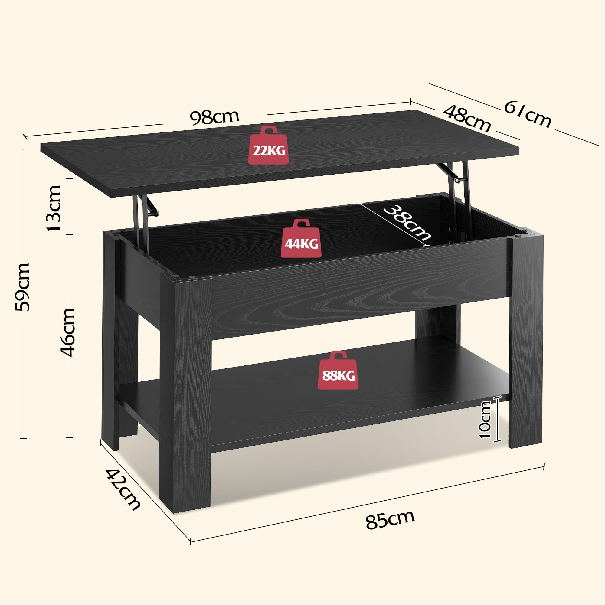 WLIVE Couchtisch mit Stauraum, Wohnzimmertisch Höhenverstellbar mit Verstecktem Staufach und Ablagefläche, Wohnzimmer Tisch für Couch,98 x 48cm Sofatisch, Schwarz