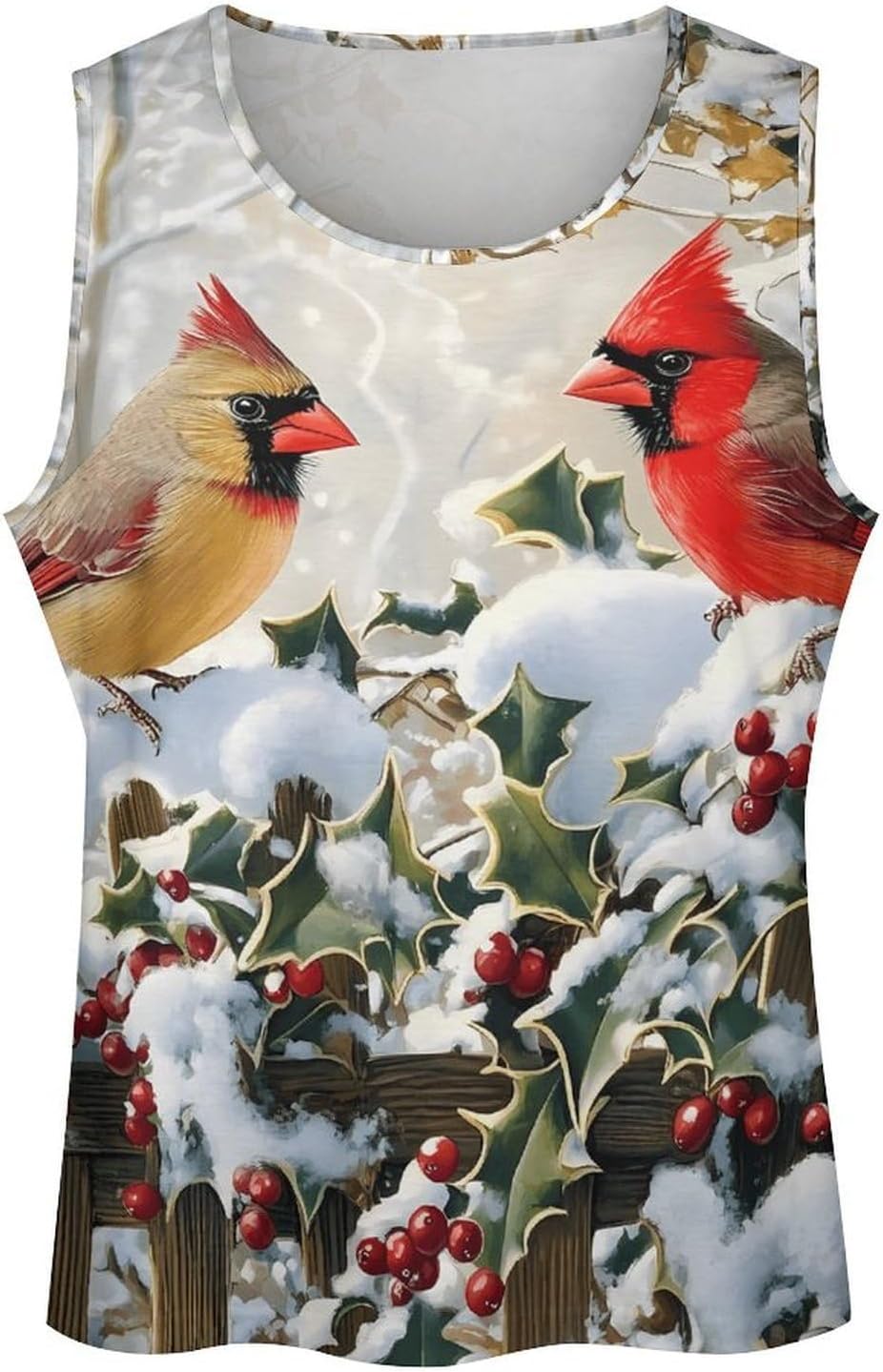 Bird Snowy Red Cardinal Men's Tank Tops Sleeveless Muscle Shirts for Men Lightweight Vest Crew Neck T-Shirts