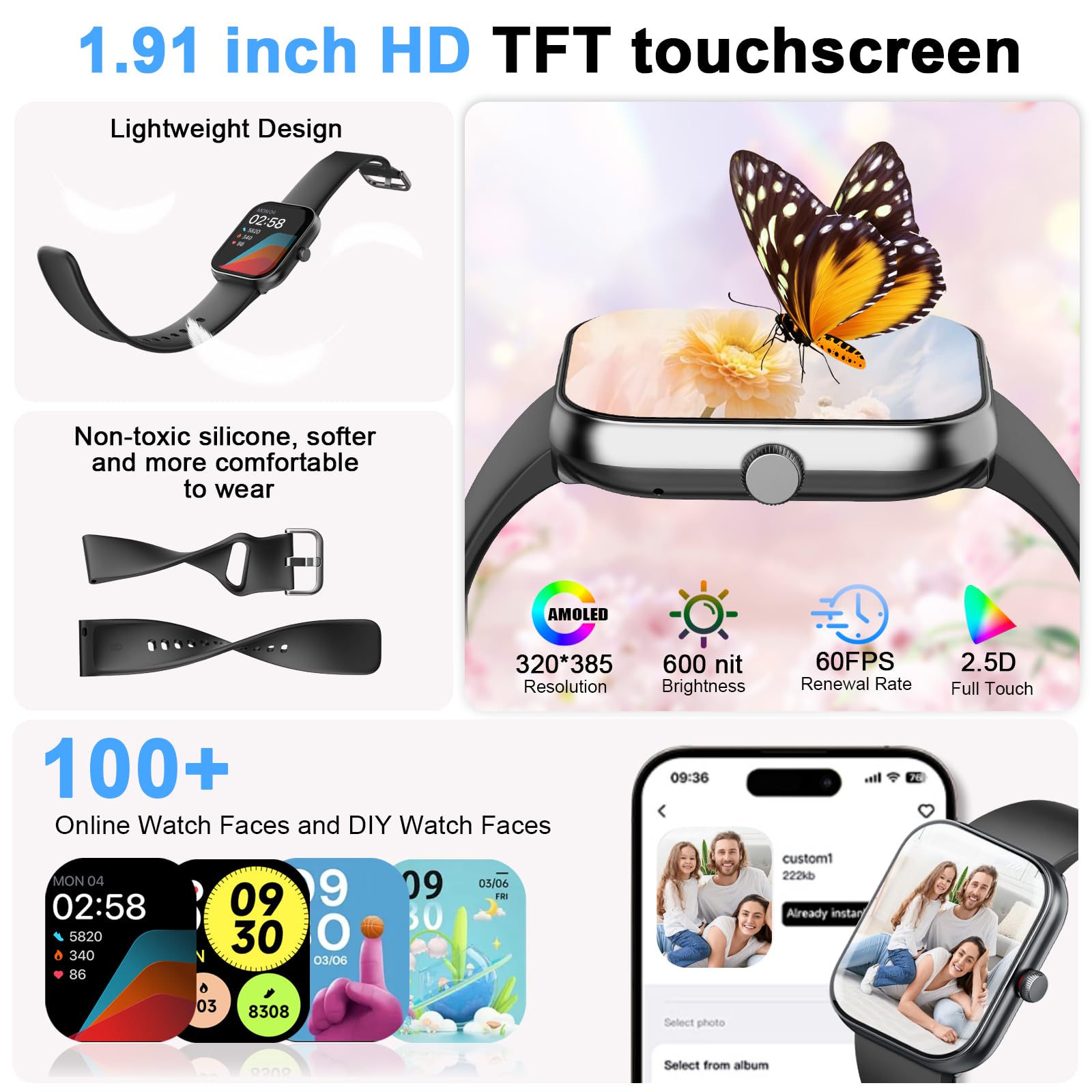 Smartwatch Damen Herren (Anrufe/Alexa), 1.91" HD Fitnessuhr mit Pulsuhr Schlafmonitor Sauerstoff Schrittzähler Uhr, Sportuhr IP68 Wasserdicht Fitness Tracker, 100 Sportmodi Smart Watch für iOS Android