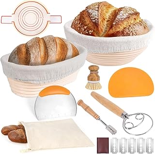MATINÉE - Kit Boulanger 10 Pièces - Bannetons en Rotin Naturel Rond et Ovale - Panier de Fermentation pour Pain Maison - Coupe Pâte, Lame, Sac à Pain