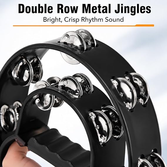 APACALI 4 Pack Half Moon Tambourines for Adults, 10 Inch Hand Held Tambourine with Double Row Metal Jingles, Panderos de Danza Cristianos for Church Worship, Dance, Music Class and Party, Black White