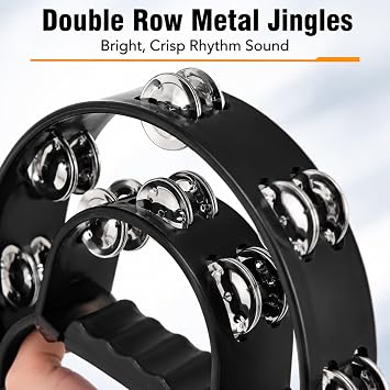 APACALI 4 Pack Half Moon Tambourines for Adults, 10 Inch Hand Held Tambourine with Double Row Metal Jingles, Panderos de Danza Cristianos for Church Worship, Dance, Music Class and Party, Black White