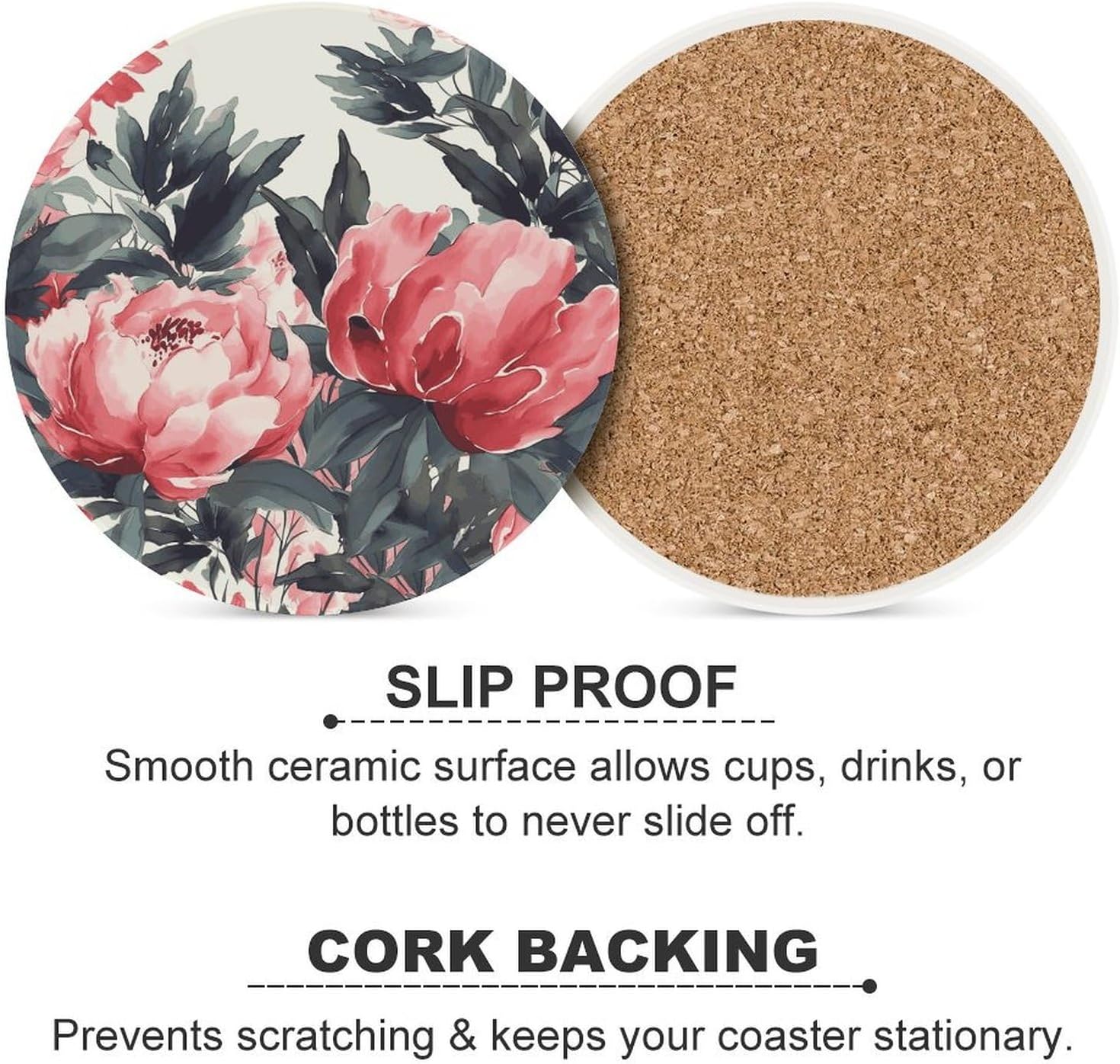 Peonies Spring Coaster with Cork Base Drink Coasters for Coffee Table Decor Modern Cup Coasters with Non-Slip & Heat-Resistant Cute Ceramic Table Coaster for Home Dining