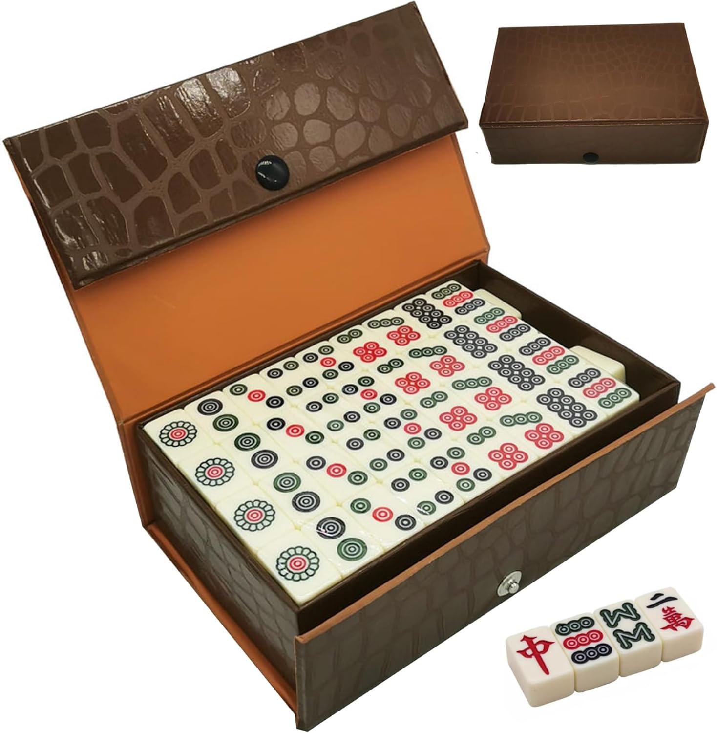 Chinese Mahjong Set with 144 Tiles Mini Mahjong Set with Brown Carrying Case Portable Lightweight Game for Travel Camping Family Gatherings Friends Party