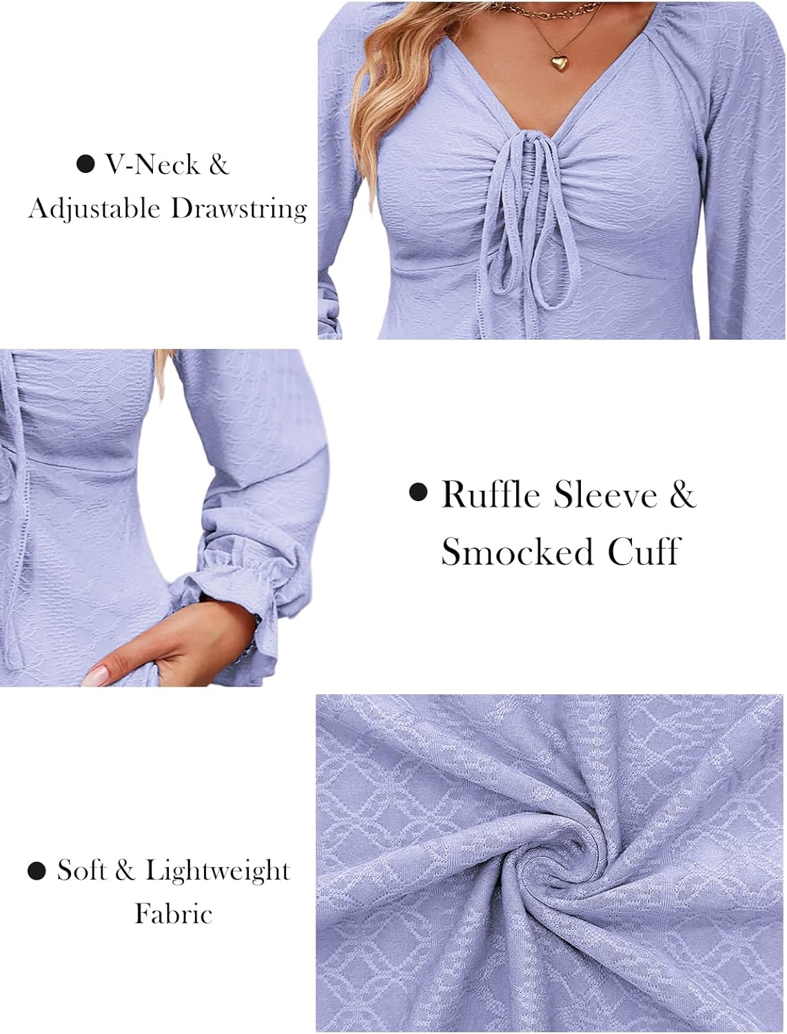 VISLILY Womens-Plus-Size-Tops Dressy V Neck Puff Ruffle Sleeve T Shirts Trendy Eyelet Blouses Casual Drawstring Loose Tunics - Image 4