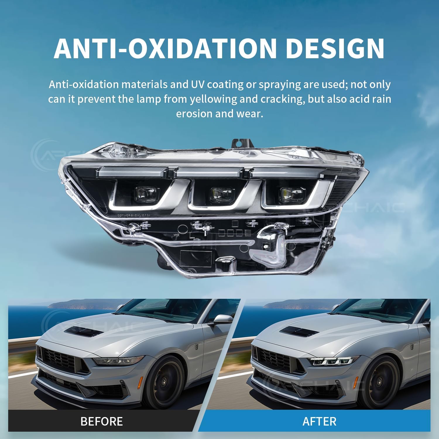 Archaic Headlight Assembly Compatible with 2024-2025 Ford Mustang, Driver Side, Chrome Housing, with DRL & Sequential Turn Signal, Plug and Play.