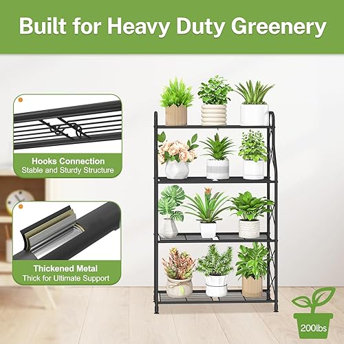 Miniatura 4 de iDavosic.ly Soporte para plantas de 4 niveles para interiores, estante de metal para macetas grandes, estante alto para patio, porche, jardín, Negro