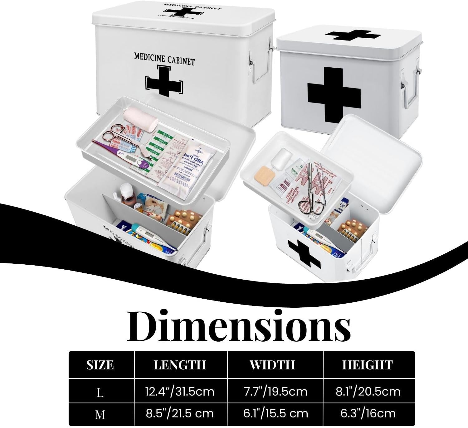 Flexzion First Aid Medicine Box Supplies Kit Organizer - Empty 8" White Metal Tin Medic Storage Bin Hard Case with Removable Tray Gold Cross, Vintage Antique Boxes for Home Family Emergency Tool Set