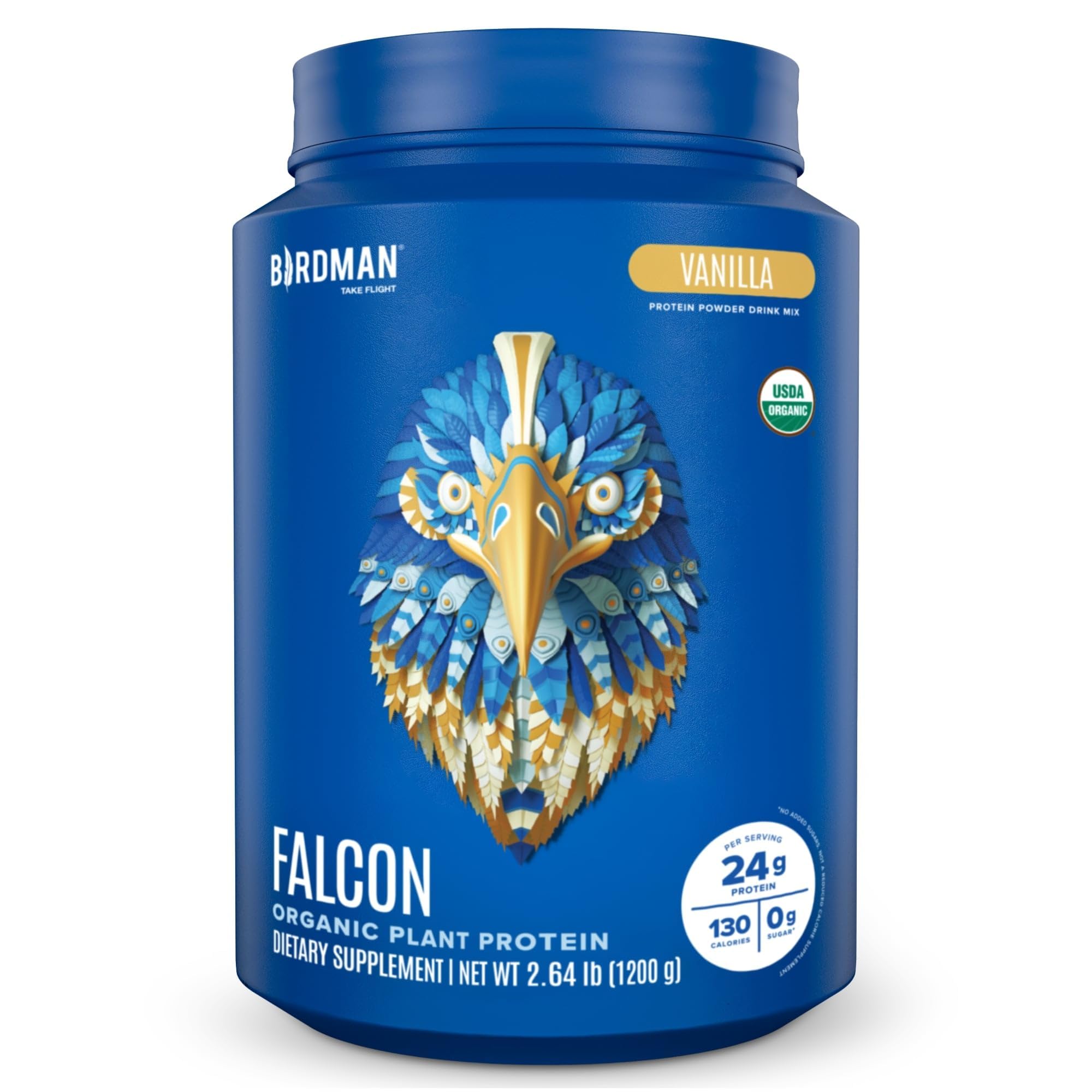 BIRDMAN Falcon Vegan Protein Powder Organic, Stevia & Sugar Free, Plant Based Protein, Low Carb, Dairy Free, Keto, Non Whey Protein, Probiotic, Pea Protein | Vanilla Flavor - 37 Servings - 2.64lb