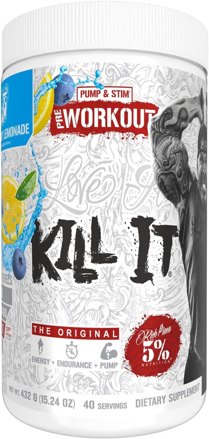 5% Nutrition Rich Piana Kill It Pre Workout Powder w/Creatine, Caffeine, Beta Alanine, Hydroprime Glycerol for Pump, Strength, Endurance | 20/40 Srvgs (40 Servings, Blueberry Lemonade)