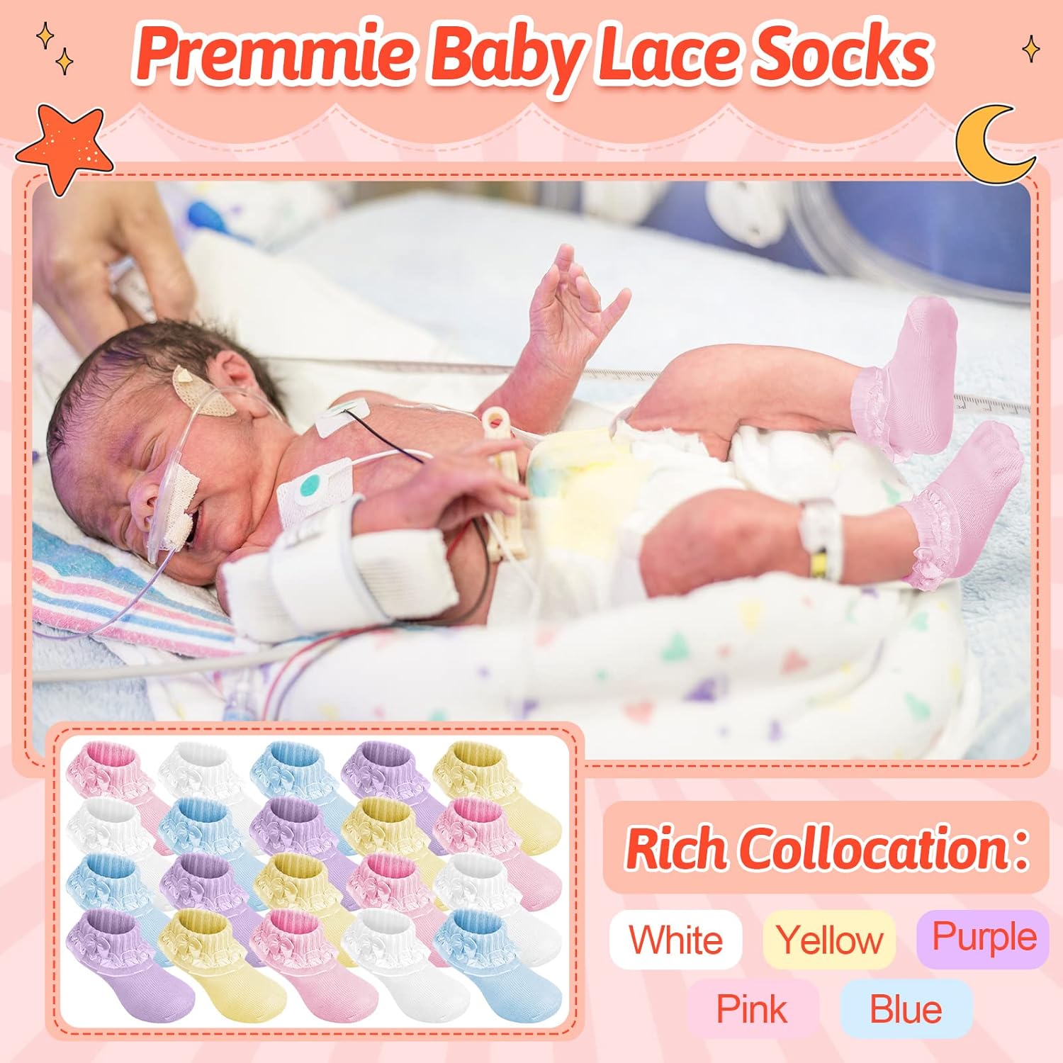 Sintege 20 Pairs Preemie Socks Baby Girls Boys Lace Ruffle Cotton Sock Hospital Nicu Socks for Premature Newborn - Image 6
