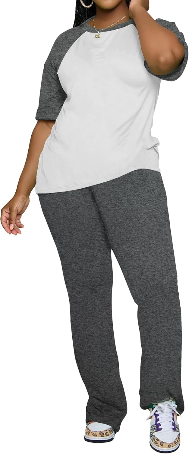 PINSV 2 Piece Sets for Women Summer Short Sleeve Top and Flare Pants Casual Lounge Sets - Image 2