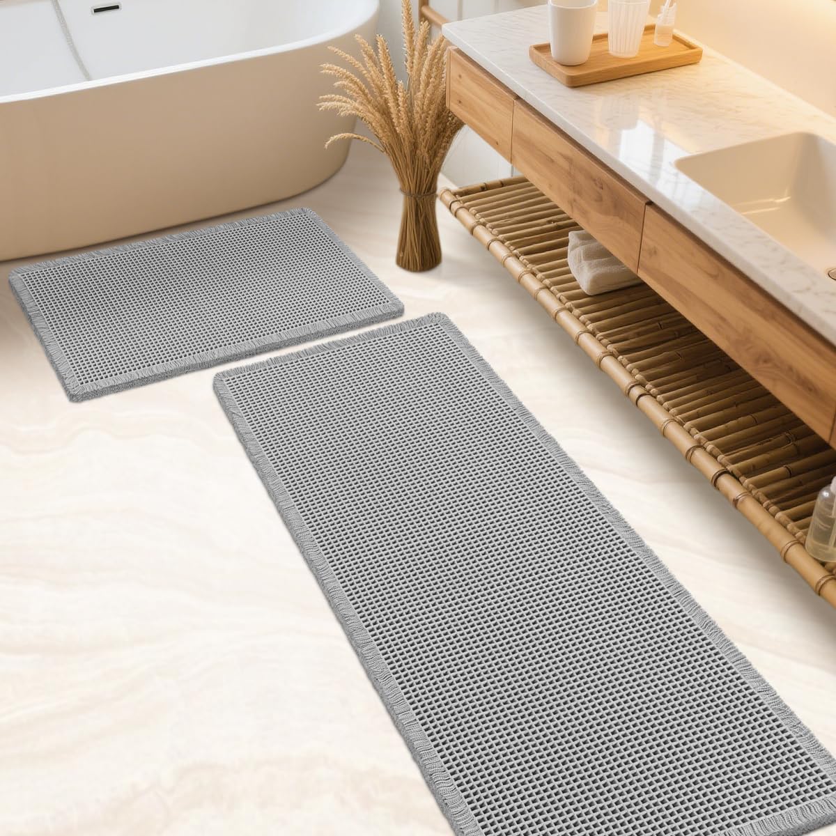 IM HOME Waffle Bath Mat Set 2 Piece Light Grey,Woven Modern Bath Rug Mats, Absorbent Non Slip Bath Floor Mat, Soft Washable Boho Bath Rugs with