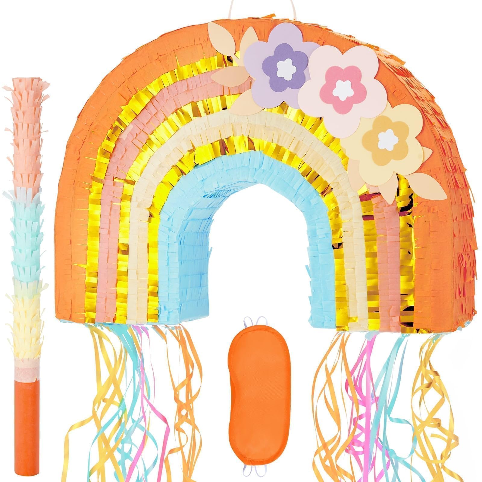 Rainbow Pinata - Rainbow Pull String Pinata with Bundle with Blindfold and Bat for Girls Kids Pinata Boho Theme Birthday Party Decoration Game for Baby Shower Carnival Summer Party Supplies — image 1