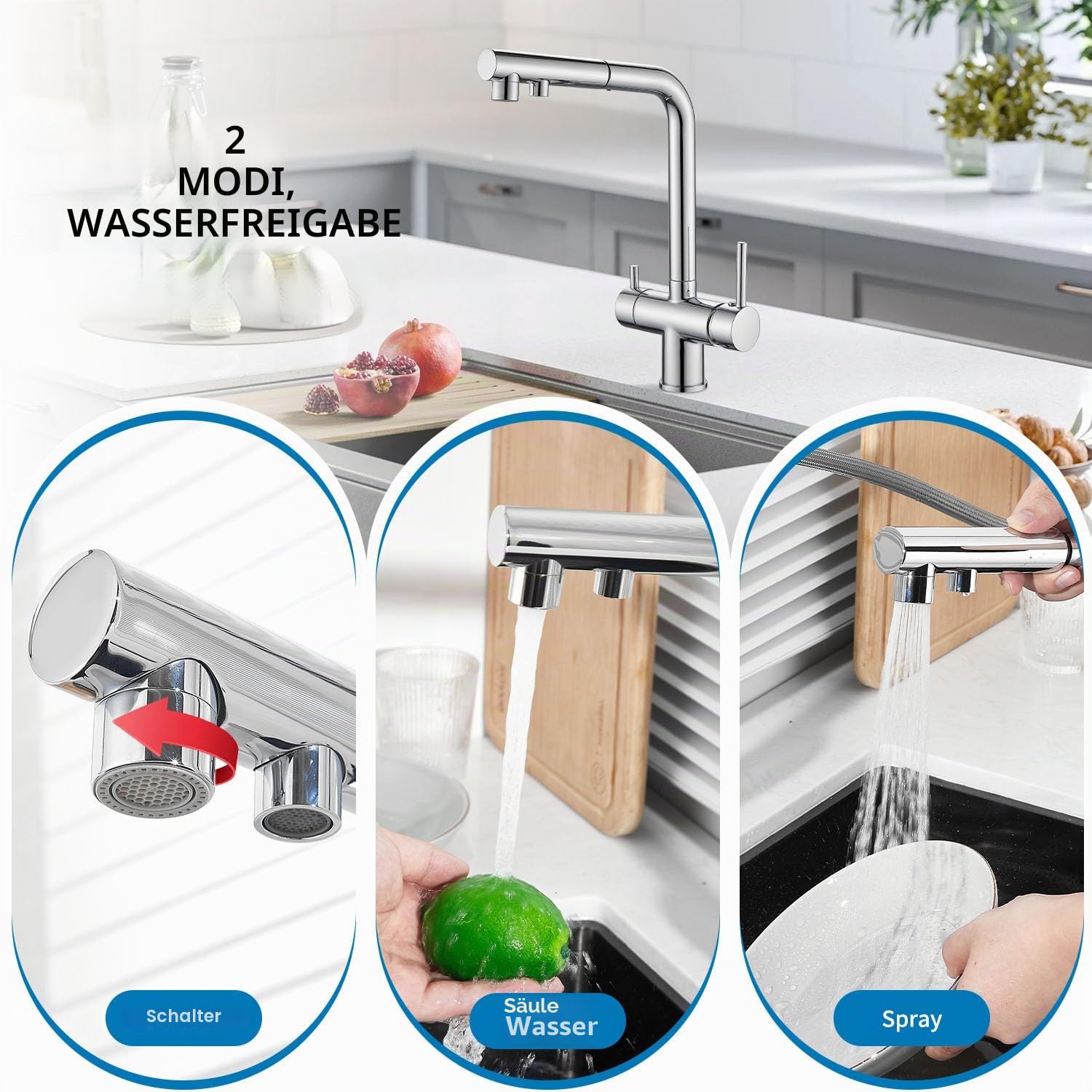 3-Wege-Küchenarmatur, 360° drehbarer Wasserhahn, Mischbatterie für Spüle mit flexiblem Auslauf, Wasserhahn für Küchenspüle für kaltes und warmes Wasser und Filter