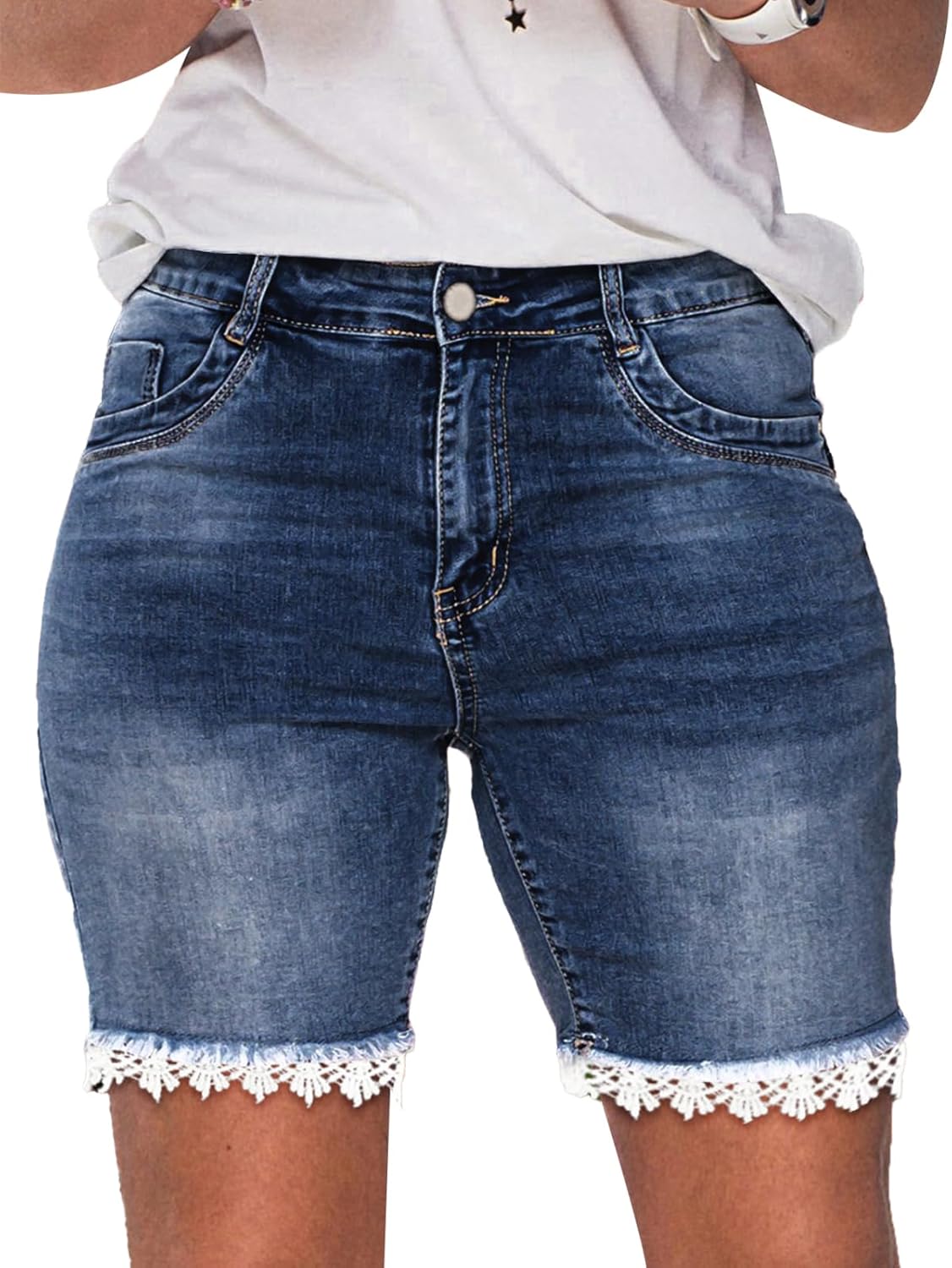 Flamingals Bermuda Jean Shorts for Women Mid Waist Summer Trendy Stretchy Lace Trim Denim Shorts