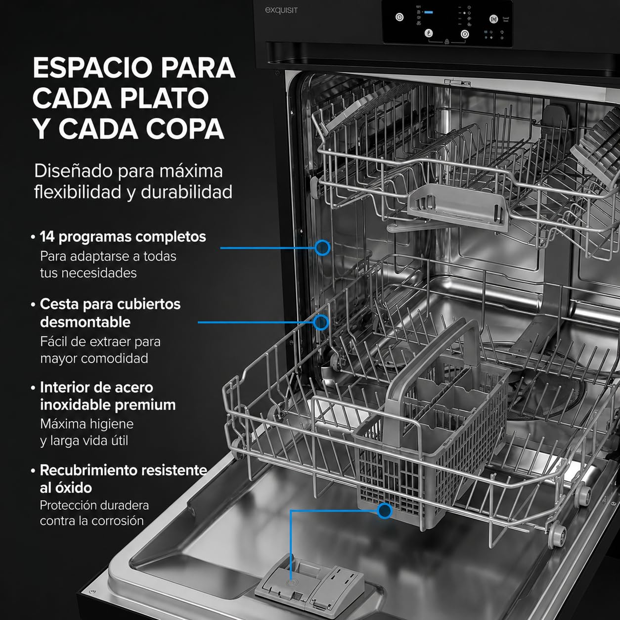 Exquisit® Lavavajillas 60cm Negro Libre Instalación 14 Servicios Clase D | 4 programas de lavado, inicio diferido, bajo consumo y funcionamiento silencioso para uso diario