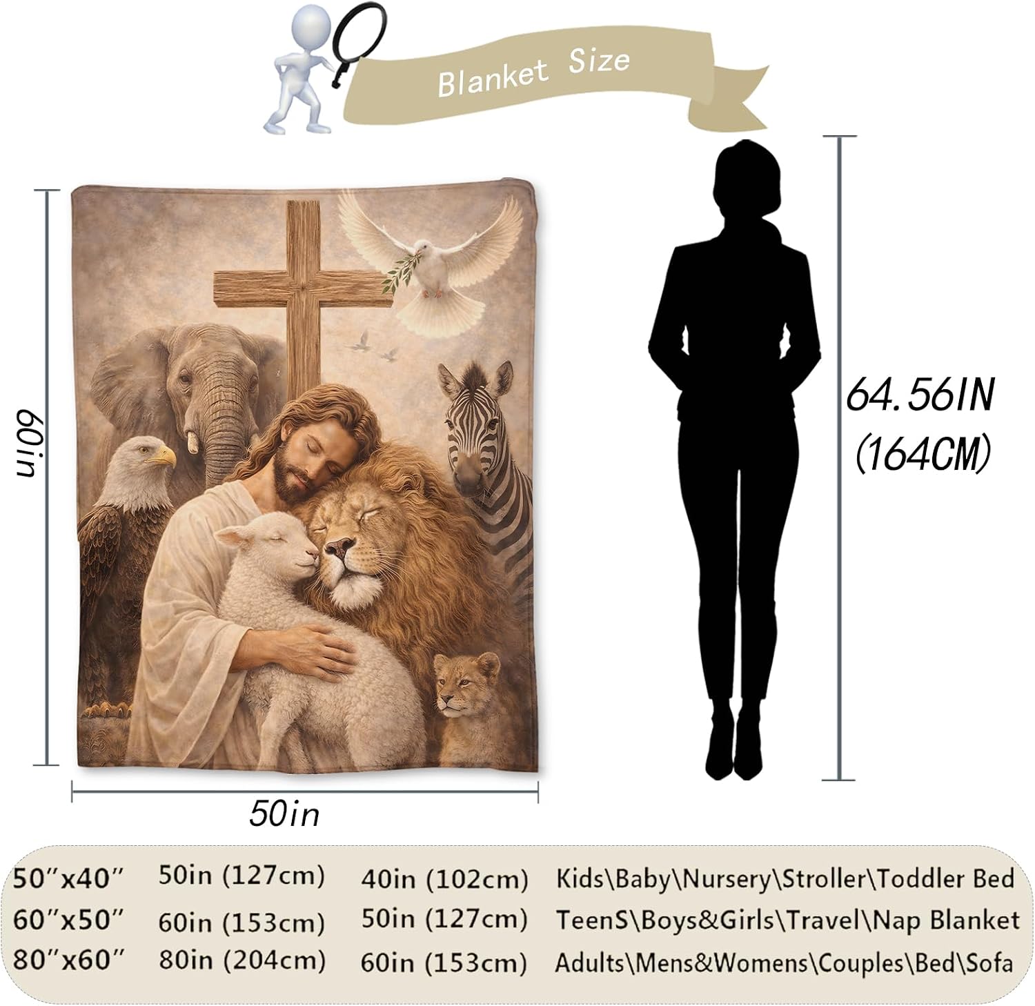 Jesus Blanket Gifts, Faith Inspirational Flannel Cross Dove Lion Lamb Throw Blanket for Couch, Bed, Travel & Home Decor, Cozy Lightweight Warm Religious Blankets for Adults Christian 60×50 IN