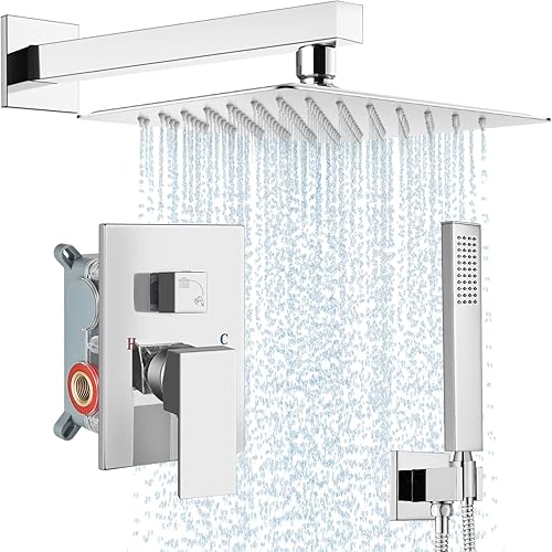 Miniatura 18 de Midanya Juego de grifo de ducha, sistema de ducha de montaje en pared con cabezal de ducha de lluvia cuadrado y rociador manual, cuerpo de válvula