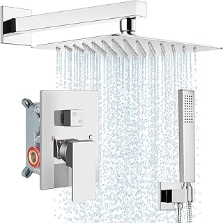 Midanya Shower Faucet Set,Wall Mount Shower System with Square Rain Shower Head and Hand Sprayer, Rough-in Valve Body and Trim Kit Included,12 Inch,Polish Chrome