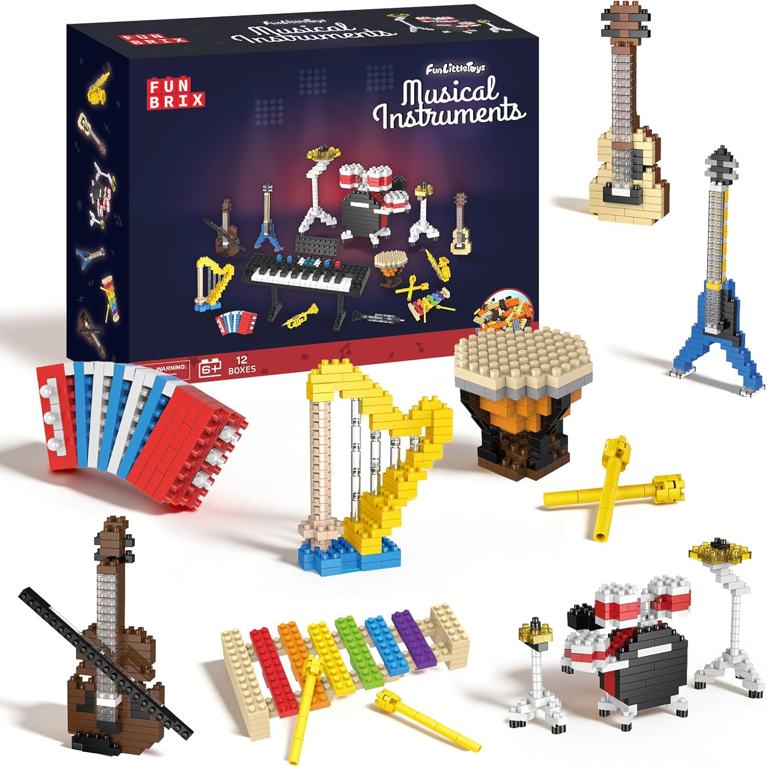FUN LITTLE TOYS Music Building Party Favor Toys, Mini Building Blocks Musical Instruments Set 12 Pack No Duplicates, Individually Boxed for Kids 6-12, Classroom Prizes, Goodie Bag Stuffers