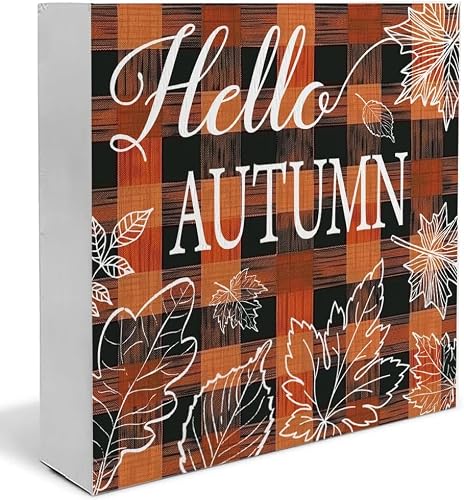 Pibonto Men's Desk Decor 7X7 Inch Fall Signs, Hello Autumn Orange Buffalo Plaid Wooden Box Sign, Fall Autumn Decorations For Home Office Desk Table Shelf Tabletop Decor, Fall Wooden Signs, Fall Welcome Sign