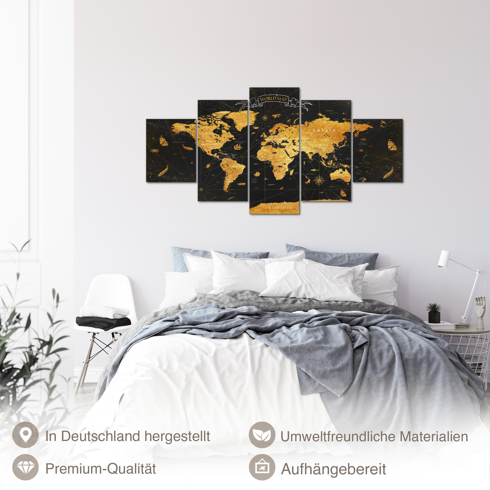 Runa Art - Peinture carte du monde 200L x 100l cm 5 Parties XXL Decoration Murale Dessin Carte mondiale or noir 056451a