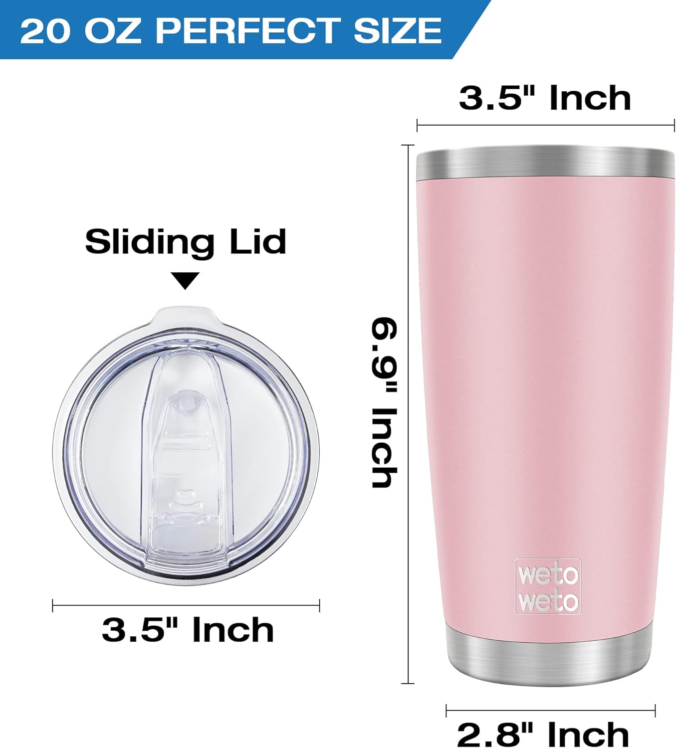 WETOWETO 20oz Tumbler, Stainless Steel Vacuum Insulated Water Coffee Tumbler Cup, Double Wall Powder Coated Spill-Proof Travel Mug Thermal Cup for Home Outdoor (Ice Pink, 1 Pack) - Image 3