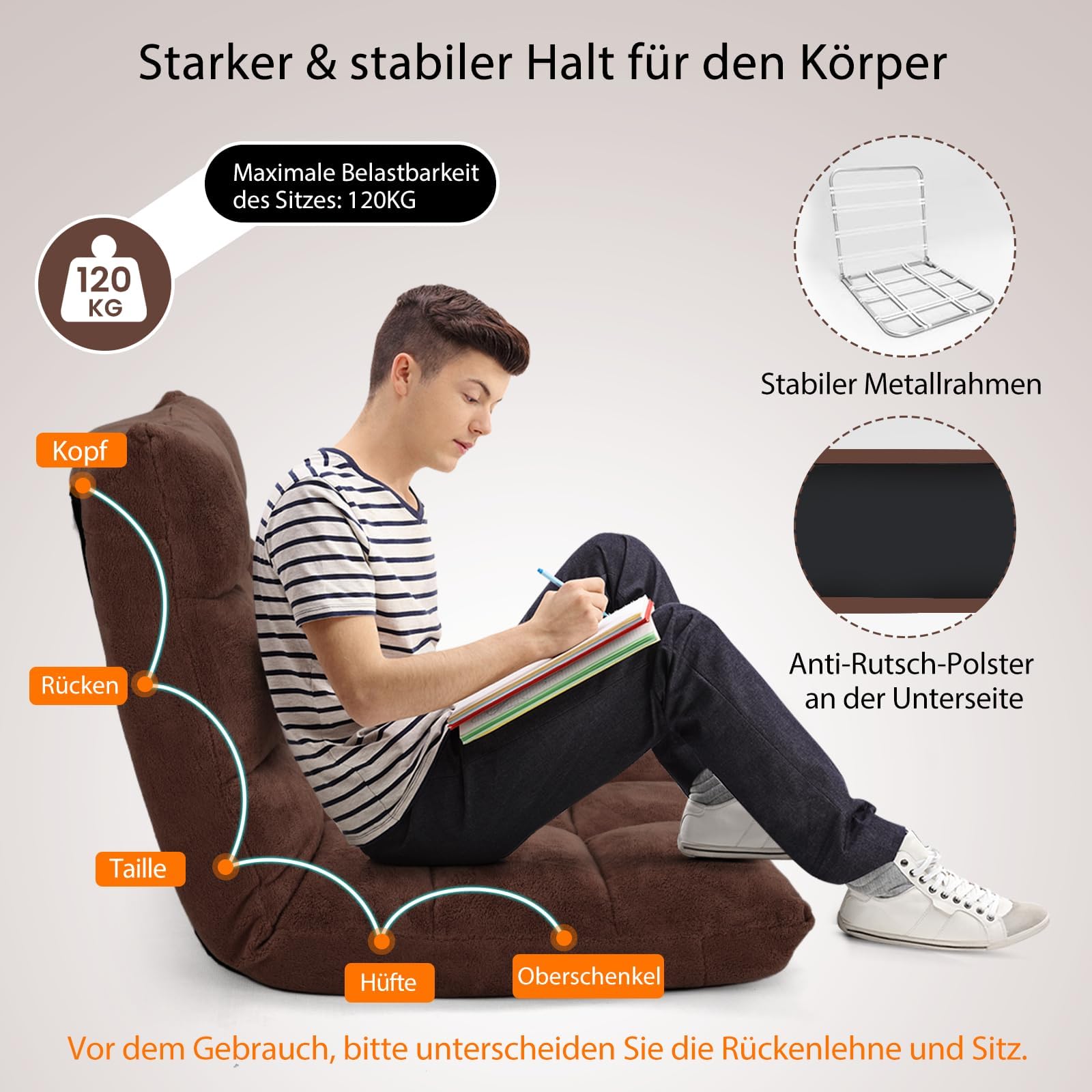 FANTASK Bodensessel mit Verstellbarer Rückenlehne, gepolstert, Thaikissen faltbar, Bodenkissen, Meditationsstuhl, Bodenstuhl, Relaxsessel für Yoga, Meditation & Freizeit (Braun)