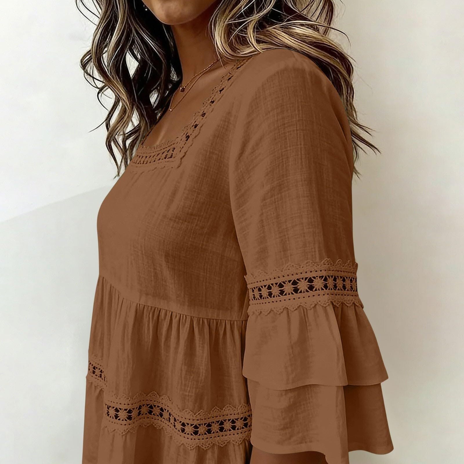 Camicetta da donna con maniche a 3/4, in lino, scollo quadrato, in pizzo, da spiaggia | Materiale arioso in cotone e lino, elegante scollo quadrato, dettagli in pizzo femminile