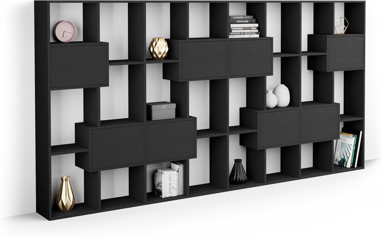 Mobili Fiver, Iacopo L Bookcas with Panel Doors (63.3 x 123.9 in), Ashwood Black, Made in Italy