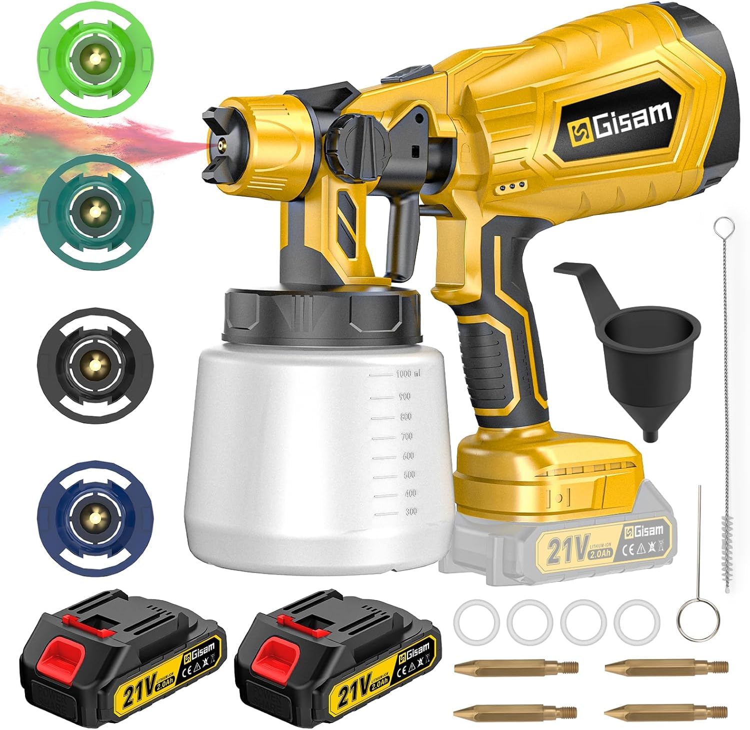 Gisam Pistolet a Peinture sans Fil, Pistolet Peinture Electrique avec 2 x 2Ah Batterie, 4 Buses & Réservoir de 1000ml pour Peinture Murale Intérieure & Extérieure (2-avec 2 Batterie)