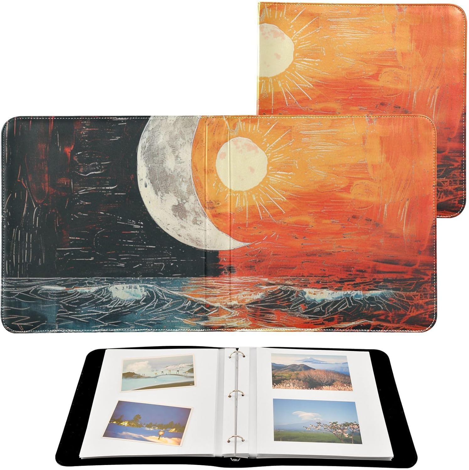 JIPONI Nebula Moon and Sun Large Photo Album, DIY Leather Cover Scrapbook Albums for 4x6 5x7 6x8 Pictures, Self Adhesive Memory Book for Wedding, Baby, Family