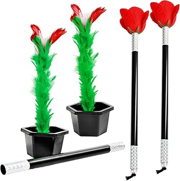 4 Pcs Wand to Flower Set with Stick to Rose and Flower Pot Trick Props Magical Flower Appearing Close up Street Stage Trick Toys for Beginners Magical Show Performance