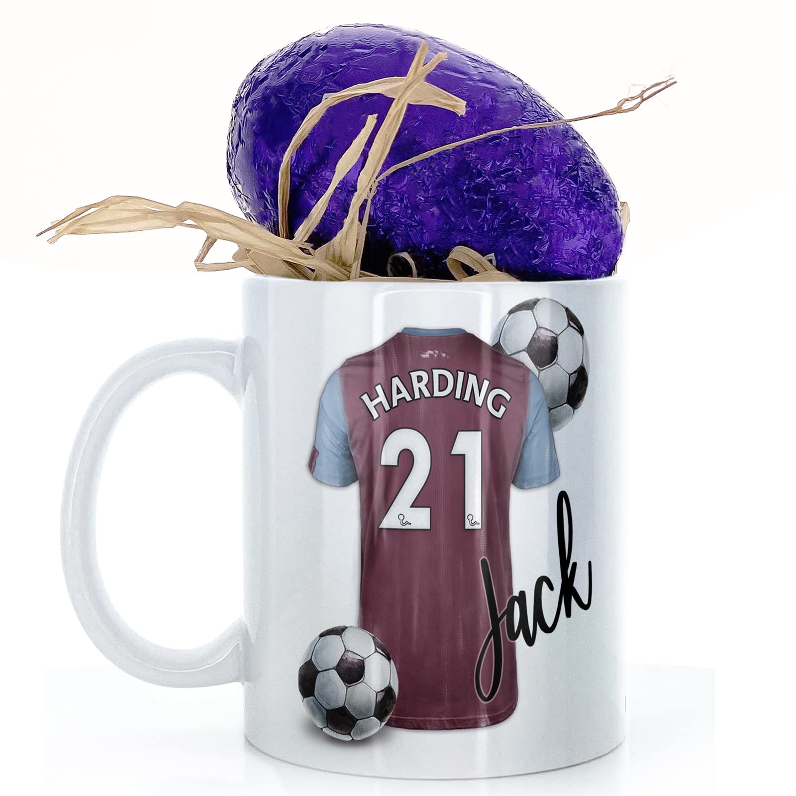 Personalised Mug and Belgian Milk Chocolate/Hot Chocolate Stirrer Marshmallow Gift Set, Customised with Name / Number / Text, (11oz) White, Blue, Black, Pink Mug with Maroon and Blue Football Shirt